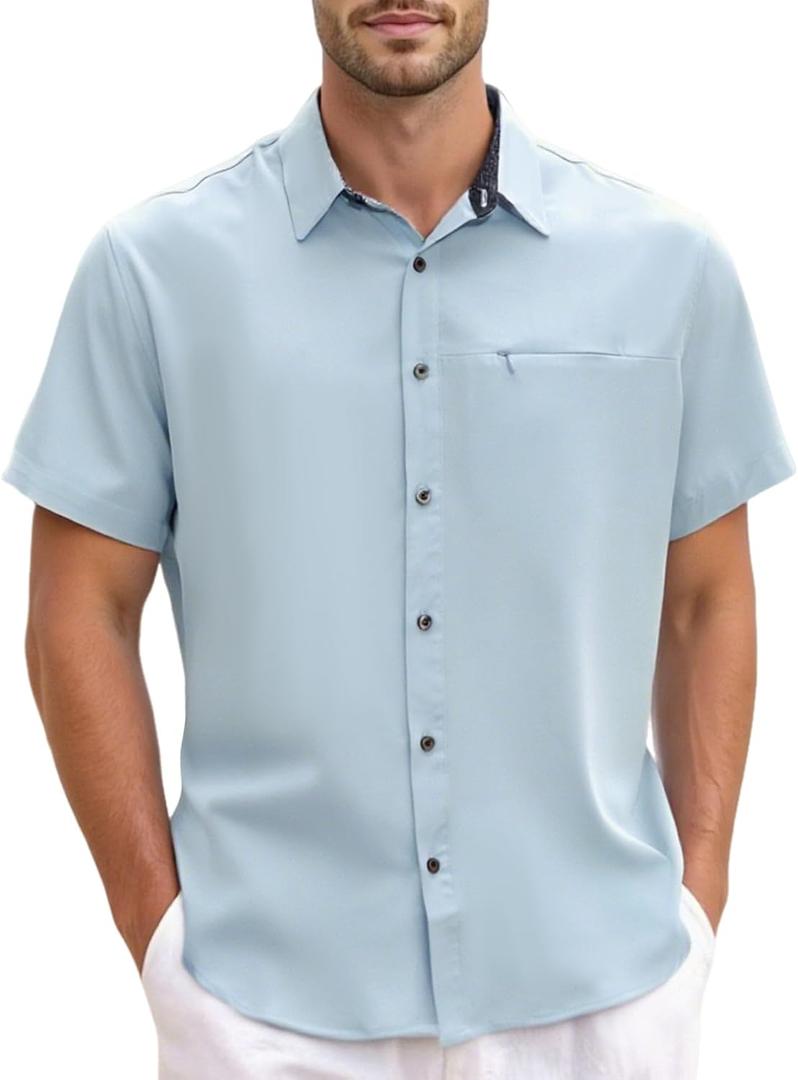 GSOU SNOW Mens Fishing Shirts Short Sleeve Button Up Hiking Shirt Cooling Quick Dry Vented