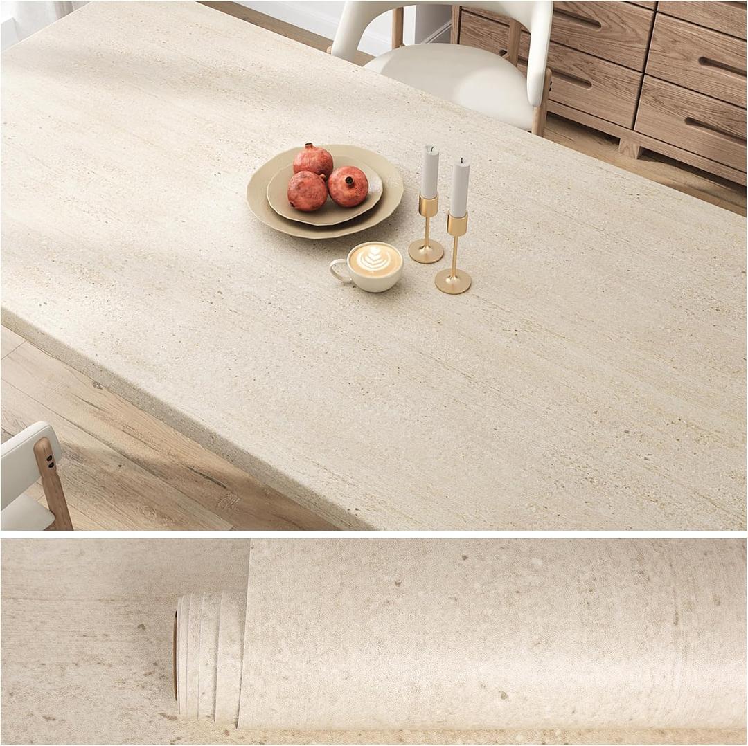 VEELIKE Cream Beige Granite Contact Paper for Countertops Waterproof Peel and Stick Matte Limestone Countertop Contact Paper 24''x118'' Self Adhesive Beige Marble Wallpaper for Kitchen Counter Top