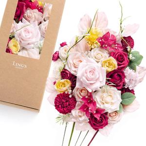 Ling's moment Fake Flowers Box, Faux Artificial Greenery Stems Foam Dahlia Gardenia Roses Silk Hydrangea Ranunculus Fabic Flower for Centerpieces Bouquet Wedding Vase, Hot Pink & Blush, Deluxe Combo
