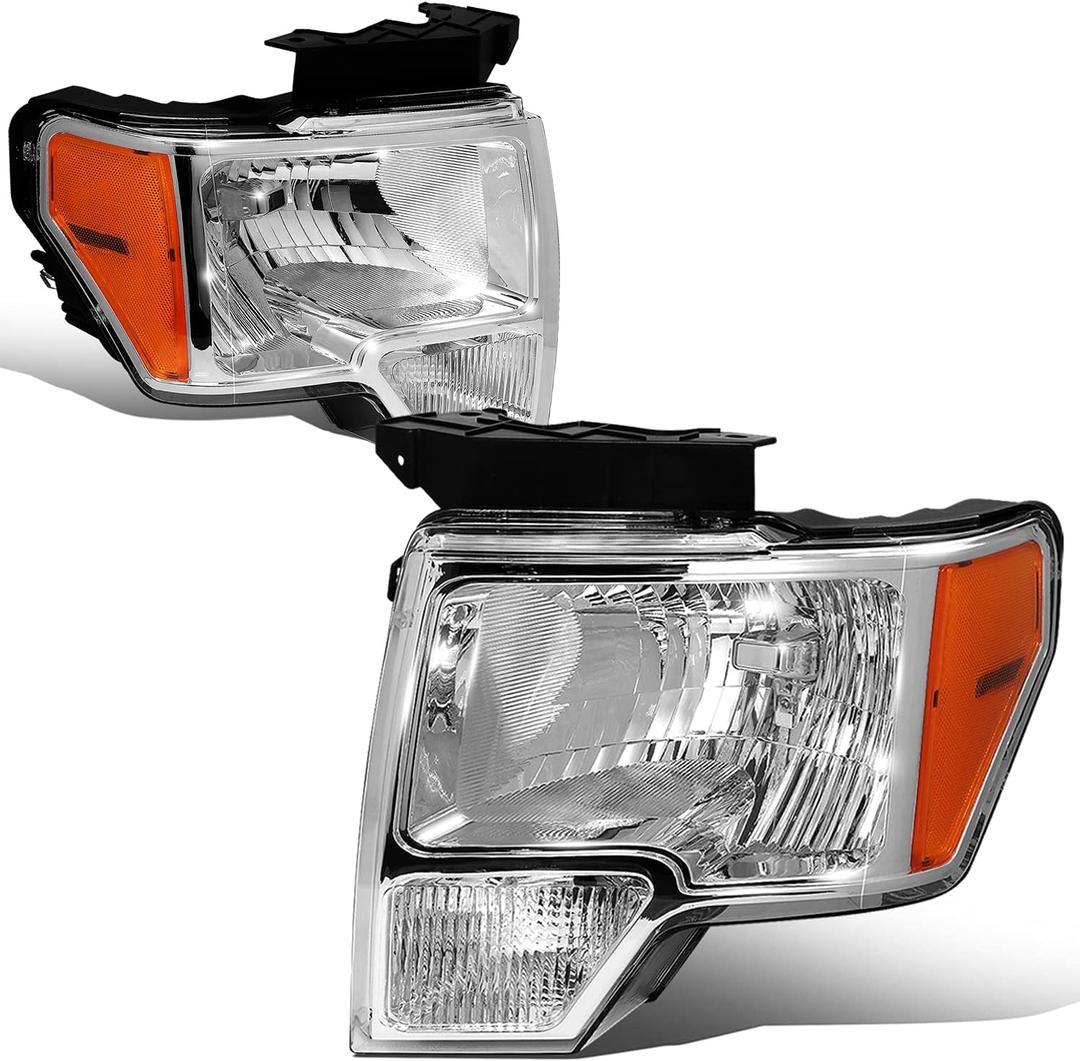 DNA MOTORING HL-OH-F1509-CH-AM Chrome Amber Headlights Replacement Compatible with 09-14 F-150