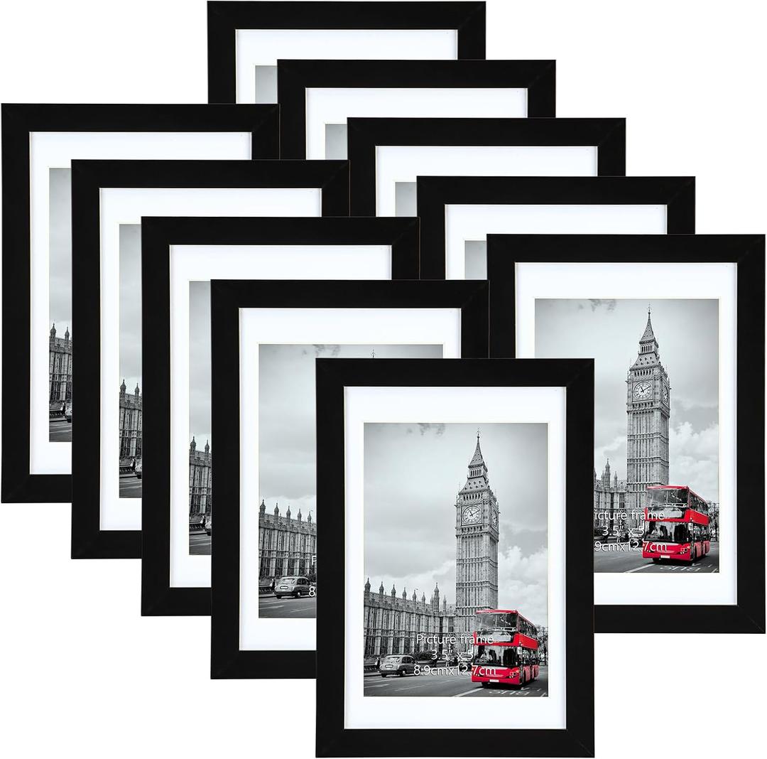 Giftgarden 4x6 Picture Frame Set of 10, Matted to 3.5x5 Photos with Mat or 6x4 Pictures without Mat, Multi Black Frames for Tabletop Wall Display