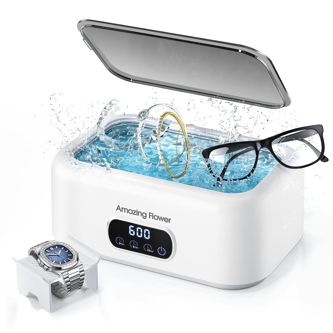 Ultrasonic Jewelry Cleaner, 48kHz Professional Ultrasonic Cleaner Machine with 24oz Large Capacity Tank & 3 Timer Setting, Sonic Machine for Eyeglasses, Rings, Earring, Dentures, Retainers (White)