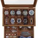 Watch Box with 10 Slots, 2-Tier Watch Case for Large Dial Watches, Watch Display Case with Lid, Removable Watch Pillows, Gifts for Men Women, Watch Organizer with Drawer, Jewelry Box, Walnut