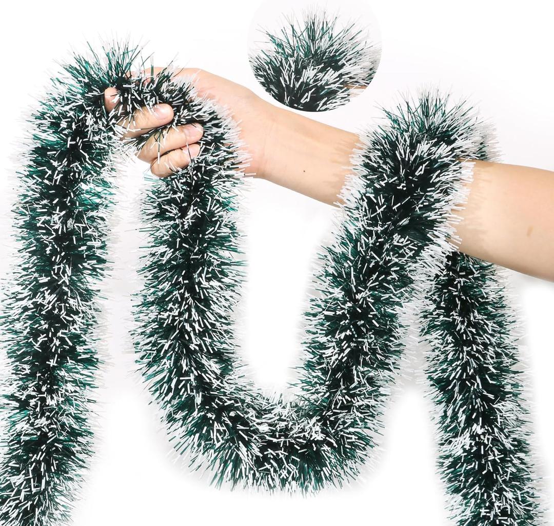 50 FT Green Christmas Tinsel Garland Christmas Decorations for Xmas Tree Decor, Shiny Metallic Twist Hanging Tinsel Garlands for Stairs Mantle Fireplace Home Indoor Outdoor Holiday Party Supplies