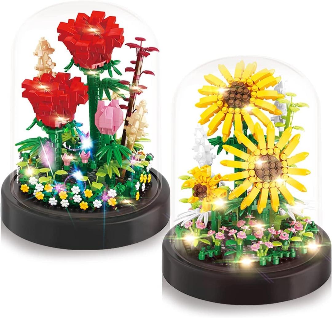 2 Flowers Bouquet Sunflowers - Rose Building Kit, Creative Bonsai Tree Succulents Plant Blocks with LED Light, Botanical Collection Home Office Decor Ideal Gift for Lover, Adult