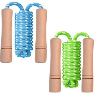 Jump Rope for Kids - Wooden Handle - Adjustable Cotton Braided Fitness Skipping Rope for Toddler Fitness Workout Exercise Outdoor Activity (Green+Blue)