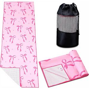 Breling Pink Bow Yoga Mat Towel with Grip Dot Preppy Coquette Bow Non Slip Ultra Absorbent Soft Microfiber Towel Without Hot Yoga Mat 72 x 24 Inch for Pilates Fitness Gym Women Birthday Gifts