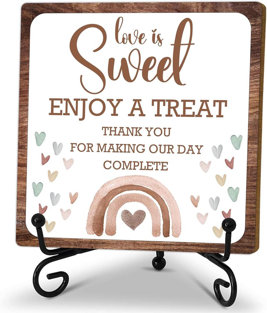 Boho Rainbow Wooden Sign,Love is Sweet Enjoy a Treat Sign, Dessert Table Sign,Desk Decor Sign with stand, Wedding Party Dessert Table Home Office Desk Cubicle Shelf Decor, 5x5 inches-A44 (Complete)