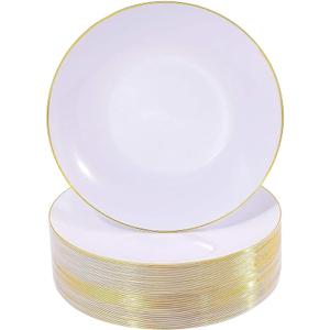 Nervure 100 Pieces Gold Plastic Plates - 10.25 inch Gold Dinner Plates - Heavyweight White and Gold Disposable Plates Ideal for Wedding & Party