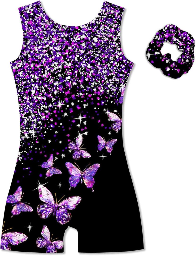 Vogseek 4-12Y Girl Gymnastic Leotards with Hair Scrunchie Sparkle Dance Unitards Active Biketards, 6-7 Years Old