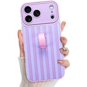 KANGHAR Compatible with iPhone 17 Pro Case 2025, Silicone Stripes Cute Pattern, Wristband Kickstand Camera Protection Soft Slim Cover for Girls Women -Purple