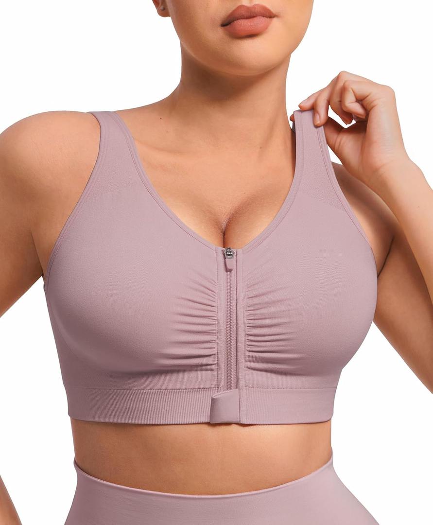 FeelinGirl Zip Front Closure Bras for Women No Underwire Compression Post Surgery Bra with Wide Adjustable Straps M 