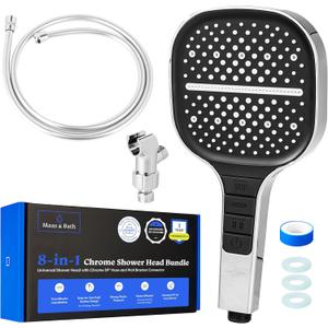 Maas & Bath 8-in-1 Chrome Shower Head - Handheld ShowerHead, Hose & Bracket Kit with 8 Customizable Spray Button Settings, High Water Pressure Square ShowerHead with Water Saving Design