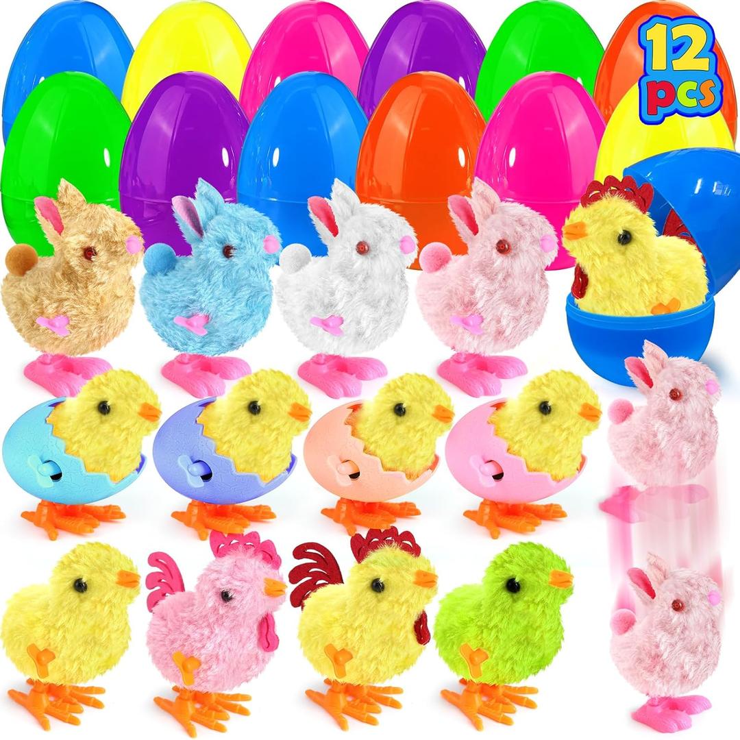 LEASEN 12 Pack Easter Eggs Filled with Wind-up Bunny Chicken Toys, Easter Eggs Fillers with Jumping Bunnies Chicks Stuffed for Easter Hunt, Easter Party Favor, Basket Stuffers Fillers