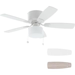 42" Pull Chain Ceiling Fan: Traditional Flush Mount Ceiling Fan with Light - LED Bulb - Dual Finish Blades - Reversible Function for Bedroom - White, 42 inches x 12.6 inches