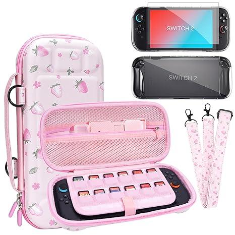 FIWWAT Switch 2 Case 3 in 1 Accessories Bundle for Nintendo Switch 2, Cute Protable Carrying Case for Girls with Shoulder Strap, Clear Protective Shell Cover, Screen Protector, Pink Strawberry