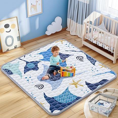 Omzer Baby Play Mat, 47x47 Inch Thick & Soft Playmat for Playpen, Non-Slip Floor Mat for Crawling Infants & Toddlers with Safety Silicone Backing, Machine Washable - Blue