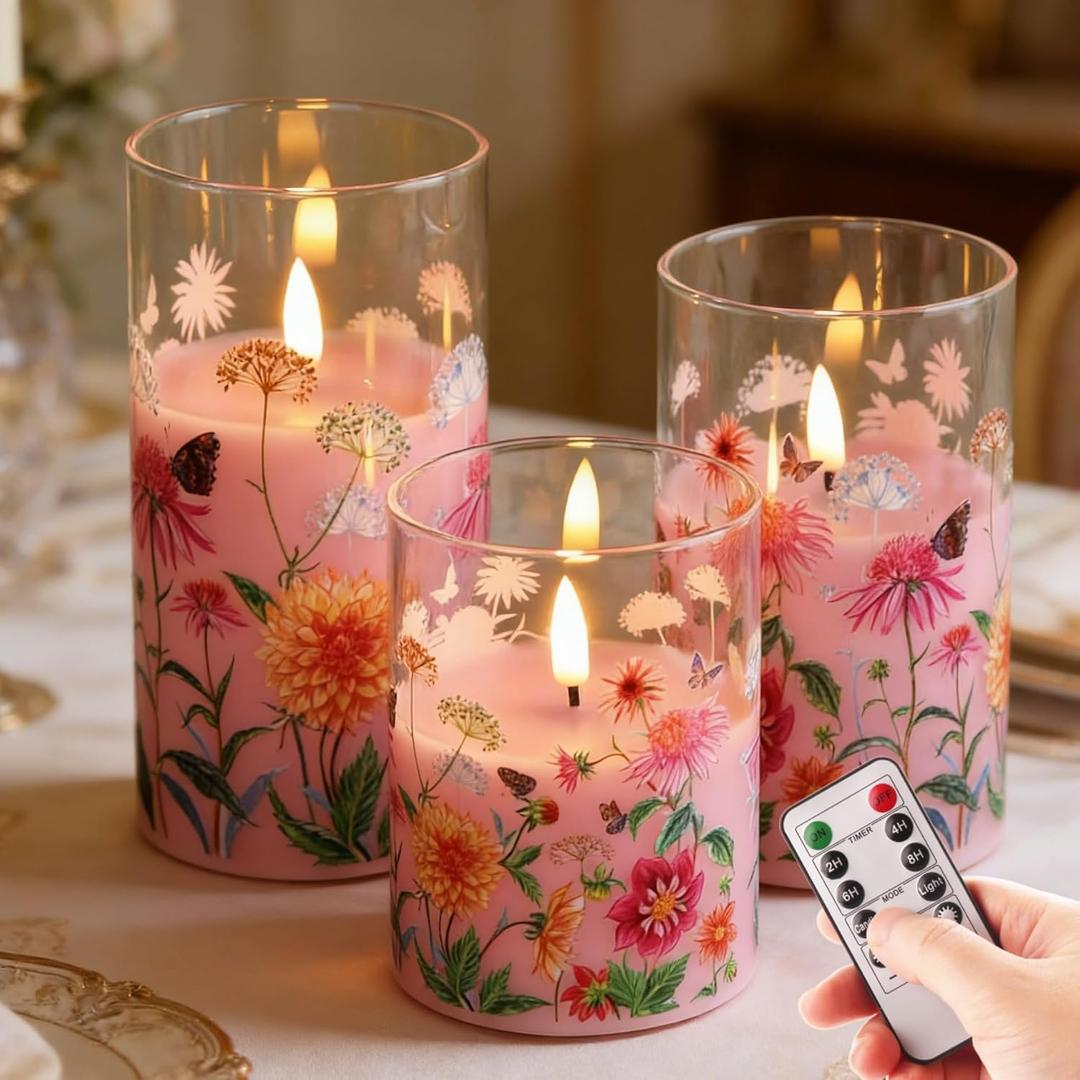 Pink Floral Glass Flameless Pillar Candles with Remote, Flickering Spring LED Battery Candles Home Decor Set of 3
