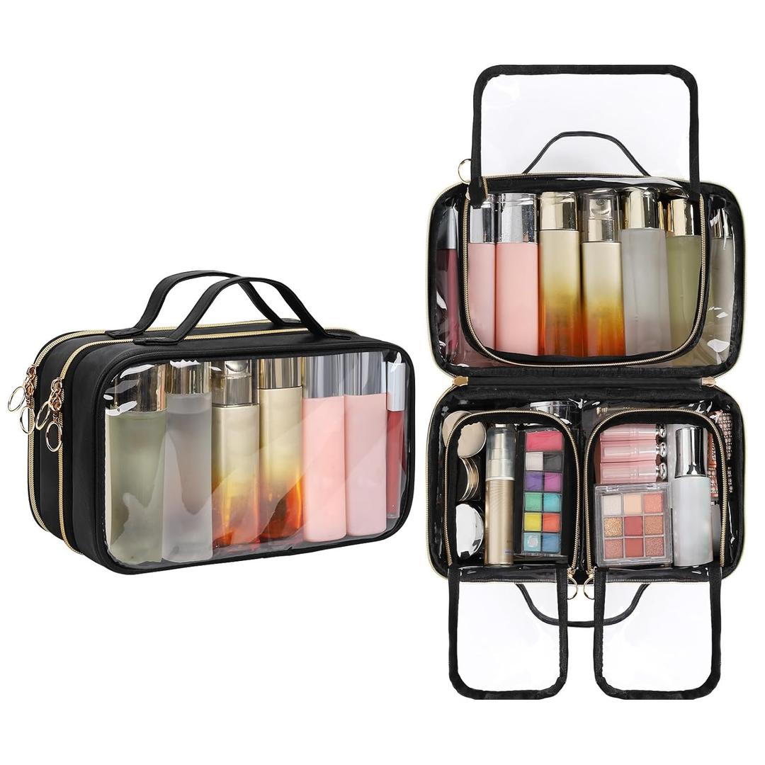 OCHEAL Travel Toiletry Bag, Double Layer Clear Makeup Bag Organizer Large Capacity Cosmetic Bag for Traveling Women Beauty Essentials, Multiple Compartments Makeup Case- Black