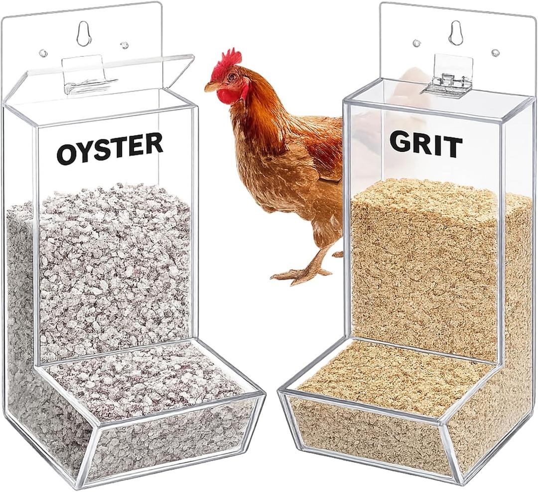 Hushee 2 Packs Acrylic Oyster Shell and Grit Feeder for Chickens, Clear Automatic Chickens Feeder with Lid Chicken Coop Accessories Multiple Installation Methods for Hens Chicks Cages Wall Pillar