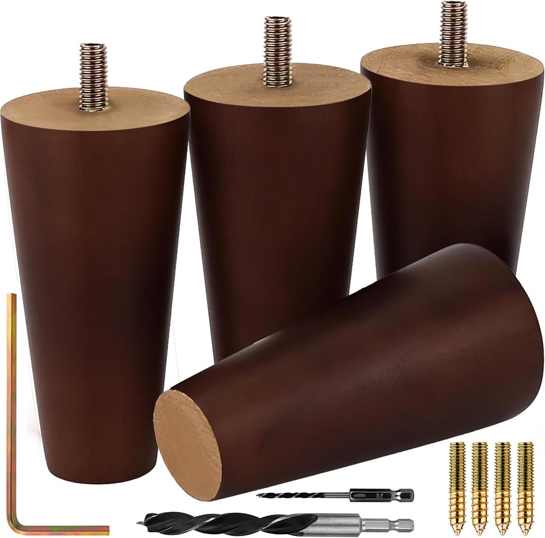 Airy Abode Premium Walnut Wood Furniture Legs (Full Install Kit) - Pick Your Size and Color (4 Inches, Brown)