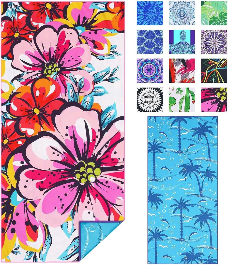 TwoYek Microfiber Thin Beach Towel Lightweight 71x32 inch Oversized Extra Large Sand Free Towels Fast Dry for Travel Pool Camping Sports Beach Accessories Vacation Essential Gift (Boho Flowers)