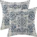 Boho Pillow Covers 16x16 Set of 2, Ethnic Design Decorative Throw Pillows Linen Blue Carpet Pattern Farmhouse Cushion Pillow Covers for Sofa Couch Outdoor Decor