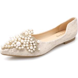 Pearl Decoration Women's Flat Bottom Pointed Toe One Step Shoes (5, Apricot Color)