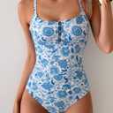 B2prity One Piece Swimsuit for Women Tummy Control Retro Bathing Suit Button Up Slimming Swimwear (Blue, L)