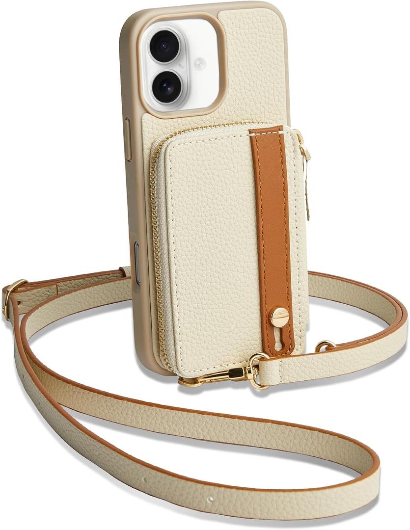 LAMEEKU for iPhone 17 Case Wallet with Card Holder, RFID Blocking Crossbody Case with Phone Grip 6.3 inch Beige