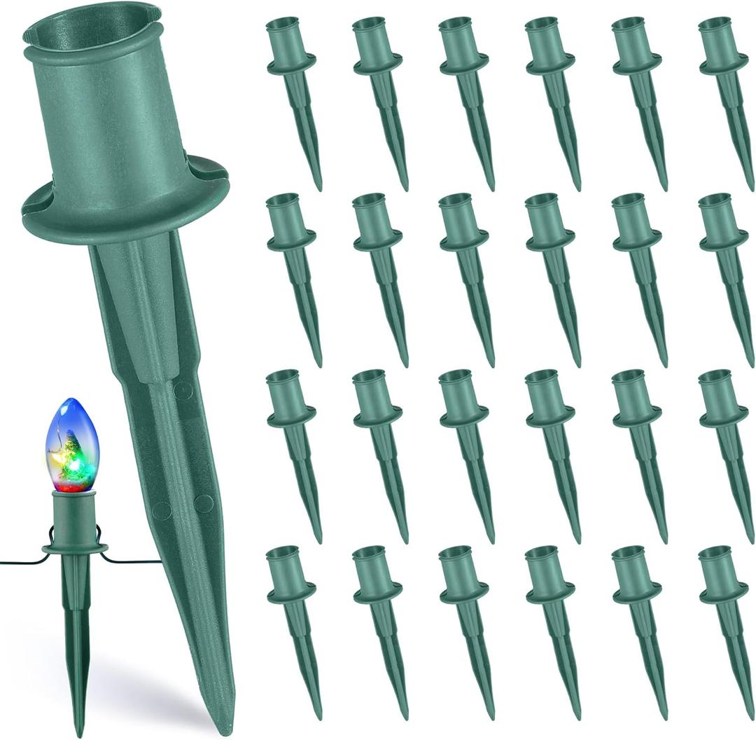 VCOKEN 20pcs Christmas Light Stakes, 6 Inch Christmas Yard Stakes C7 C9 Light Stake Universal Plastic Christmas Stake for Outdoor Decorations Use on Garden Lawn Patio Path Walkway, Green