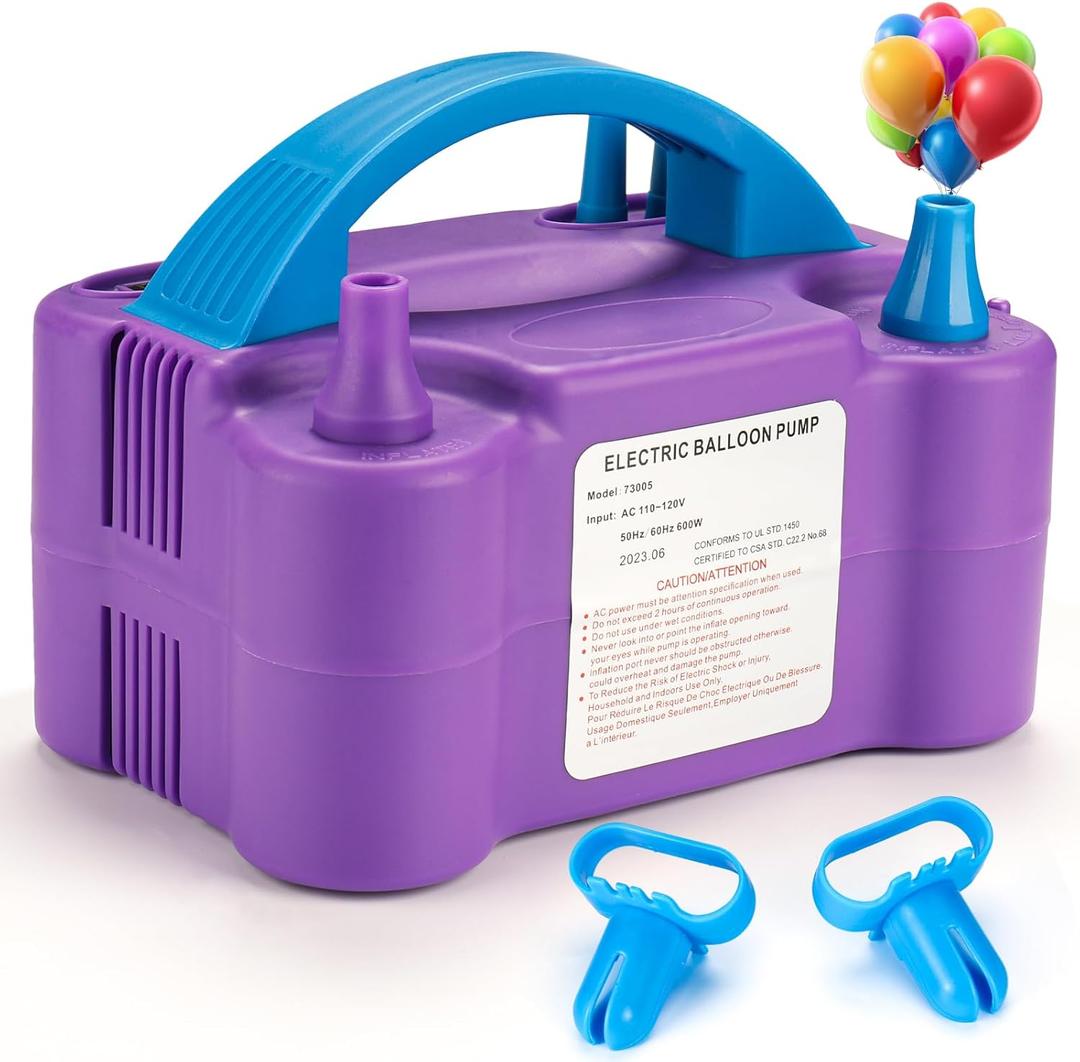 Balloon Pump Electric, Portable Automatic Dual Nozzle Inflator 110V 600W with Tying Tools for Birthday Gender Reveal Baby Shower Balloons Party Decorations (Purple)
