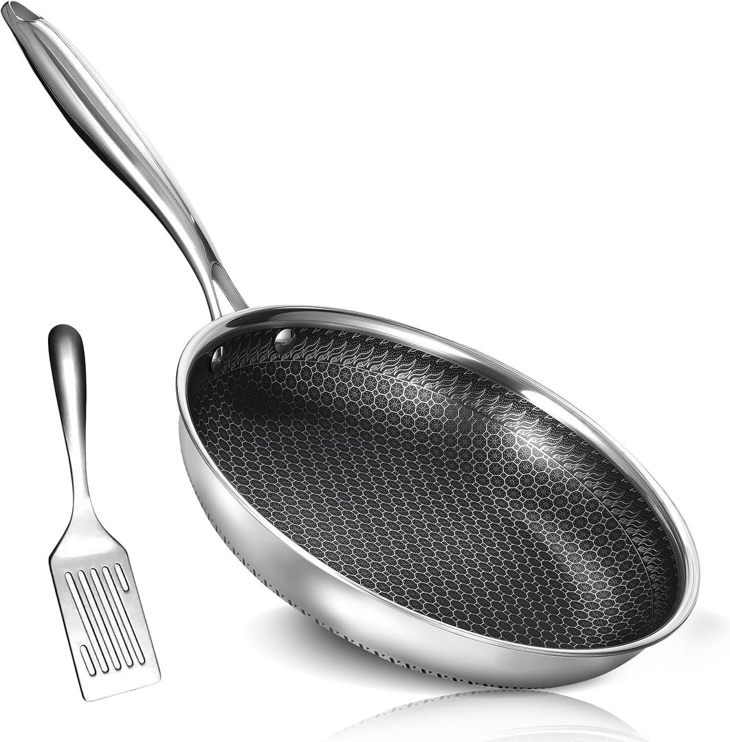 USELUCK 10 Inch Nonstick Frying Pan, Stainless Steel Skillet with Honeycomb Surface, Induction Compatible, Oven & Dishwasher Safe, PFAS-Free Cookware