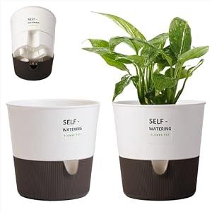 Leaf&lull 2 Pack Self Watering Pots for Indoor 7.5in Plants Plant Pots Indoor with Drainage Holes Modern Planters for Indoor Plants Room Office Décor(White)