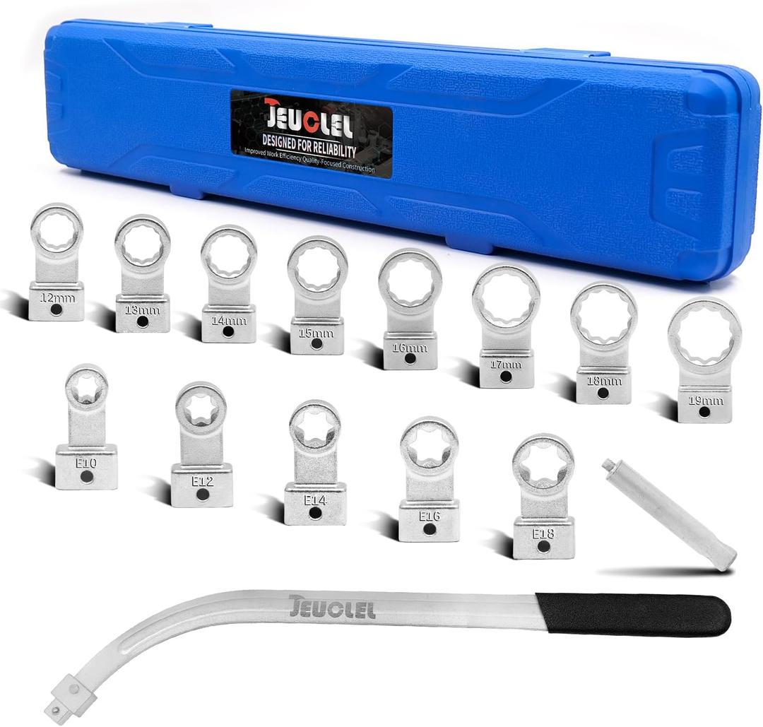 15PCS Universal Auxiliary Idler Belt Tensioner Pulley Removal Tool Kit, 12-Point 12-19mm (0.47"-0.74") Serpentine Belt Tension Pulley Wrench Set, Engine Timing Belt Tensioning Nut Bolt Screw Remover