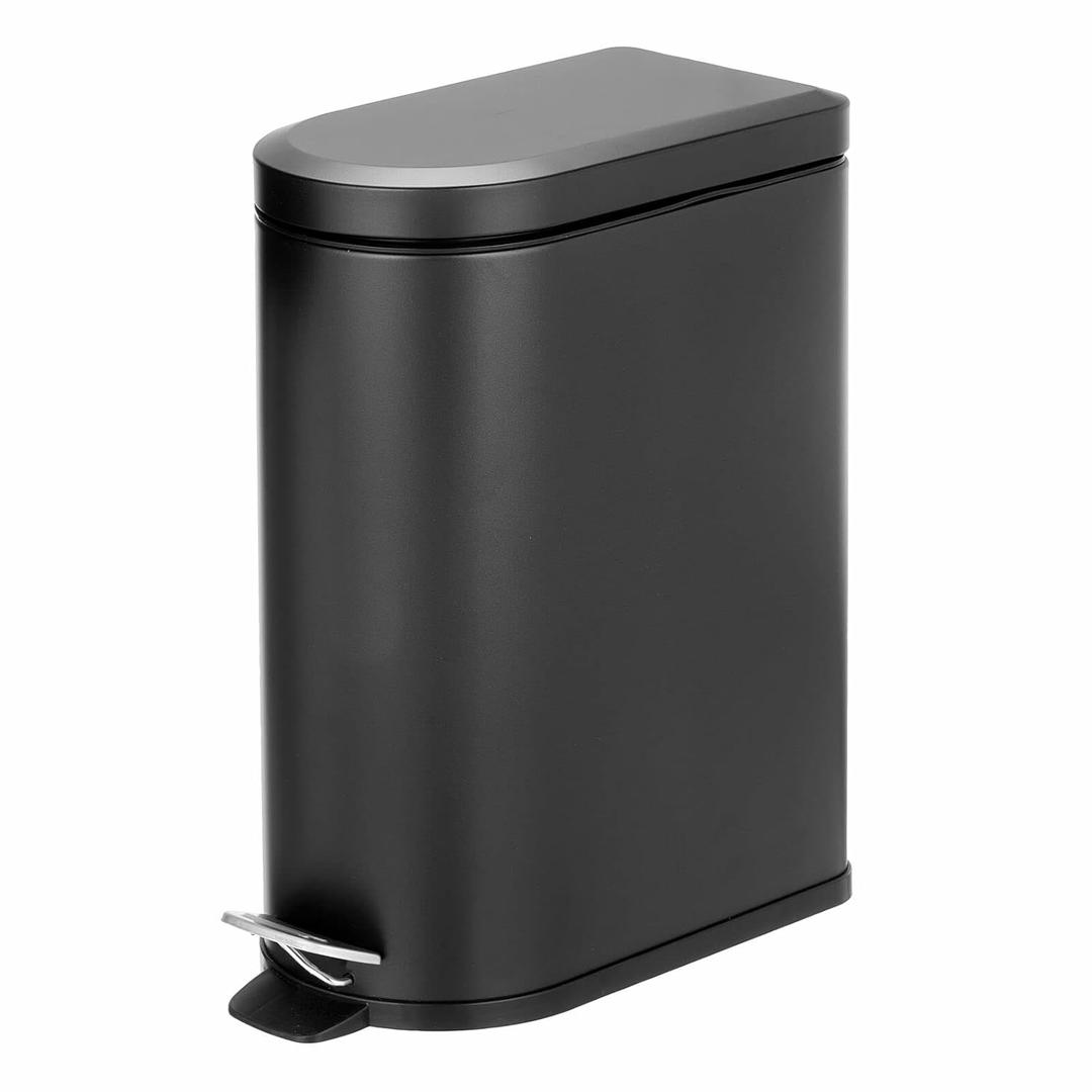 mDesign Small 2.6 Gallon/10 Liter Stainless Steel Metal Step Trash Can Garbage Bin for Bathroom, Bedroom, Home Office, DShape Trashcan with Foot Pedal/Lid, Removable Liner Bucket with Handles, Black