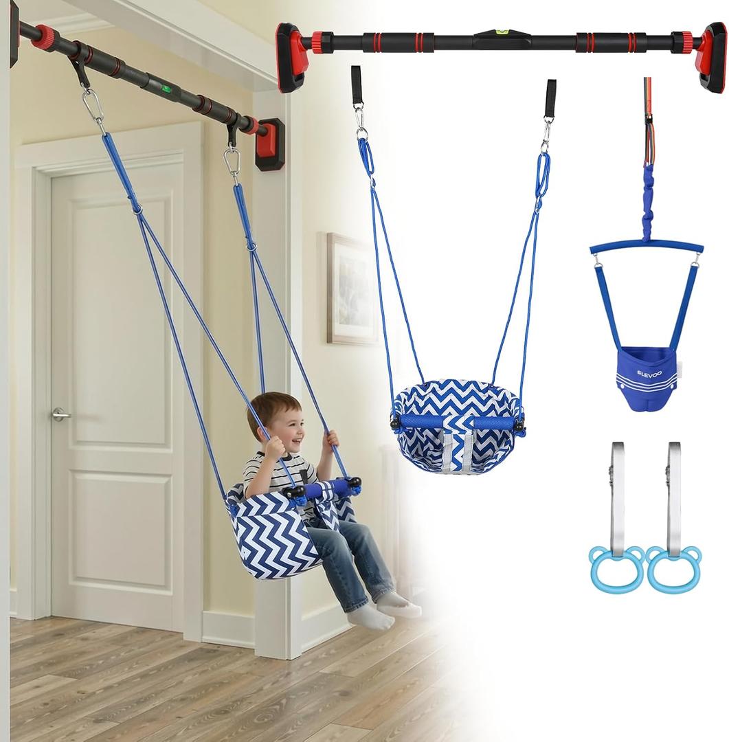 Kids Doorway Jumper Swing & Pull-Up Bar Gym, Fits 38"-45" Hallway Doorway, 4-in-1 Indoor Exercise & Play Equipment for Toddlers & Kids