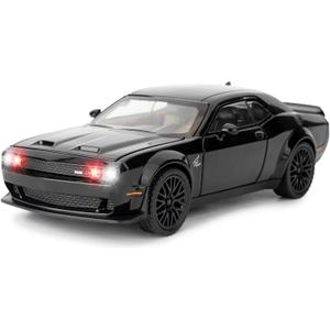 BDTCTK 1/32 Dodge Challenger Hellcat Model Car, Zinc Alloy Pull Back Toy car with Sound and Light for Kids Boy Girl Gift(Black)