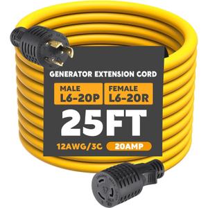 25ft L6-20 Generator Extension Cord Compatible with NEMA L6-20P Male Plug to L6-20R Female Receptacle 3 Prong 20 Amp Locking Power Cord, STW 12 AWG/3C,250 Volt 5000 Watts, ETL Listed