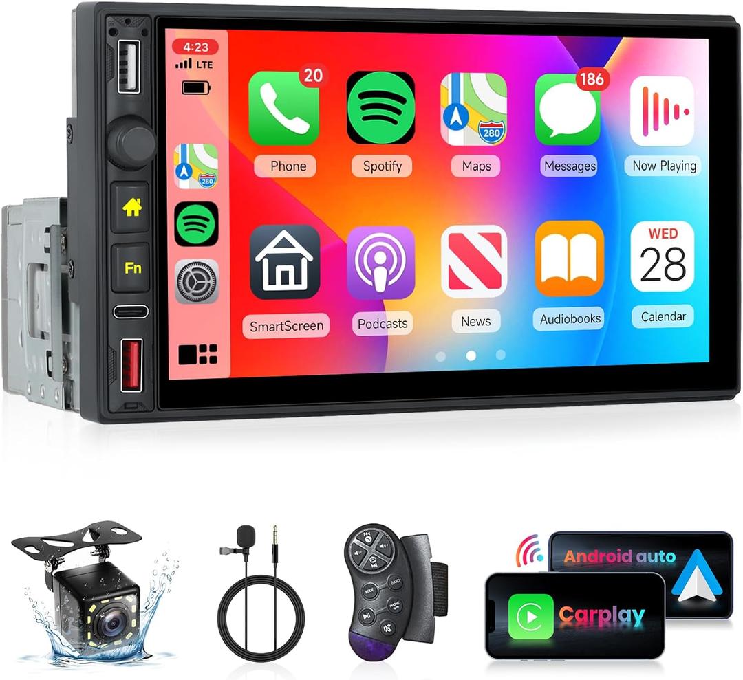 Wireless Carplay Car Radio Single Din with Android Auto, Hodozzy 7 Inch Touch Screen Carplay 1 Din Radio with Bluetooth FM/RDS Radio,DSP,Mirror Link,USB/Type-C/SWC/Colorful Backlight + Camera