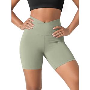 ODODOS Women's Crossover Yoga Shorts with Back Pocket, 6" Buttery Soft V High Waist Lounge Biker Shorts, Lime Stone, Medium