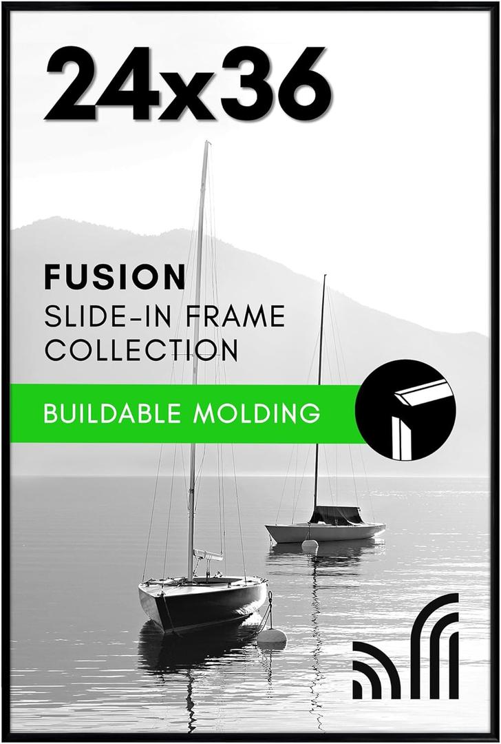 Americanflat 24x36 Poster Frame with Polished Front Cover - Slide-In Photo Frame with Buildable Molding - Fusion Collection - Picture Frames for Wall Display - Black