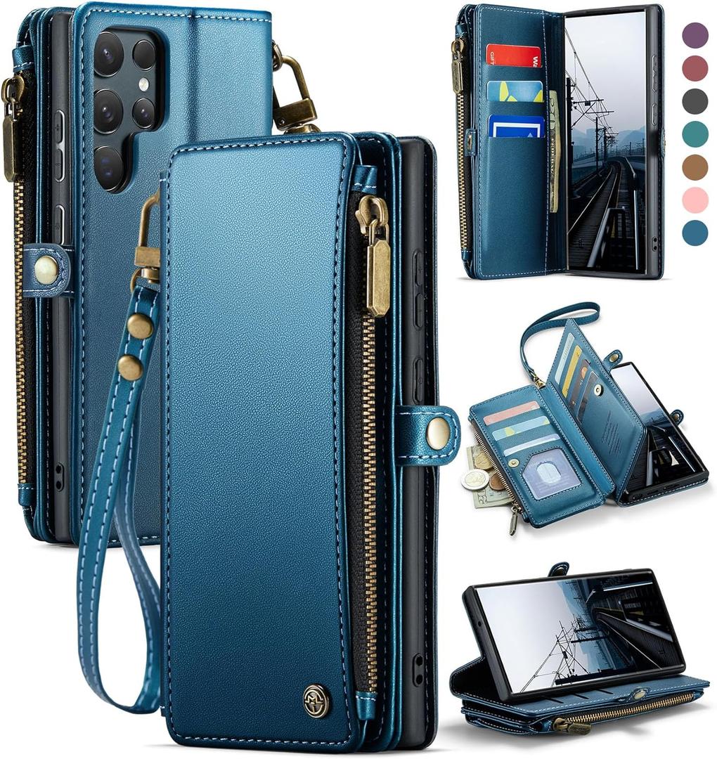 Defencase Compatible with Samsung Galaxy S22 Ultra Case Wallet with RFID Blocking Card Holder for Women Men, PU Leather Magnetic Snap Flip Zipper Strap Phone Case Fit for Galaxy S22 Ultra 5G, Blue (Elegant Dark Blue)