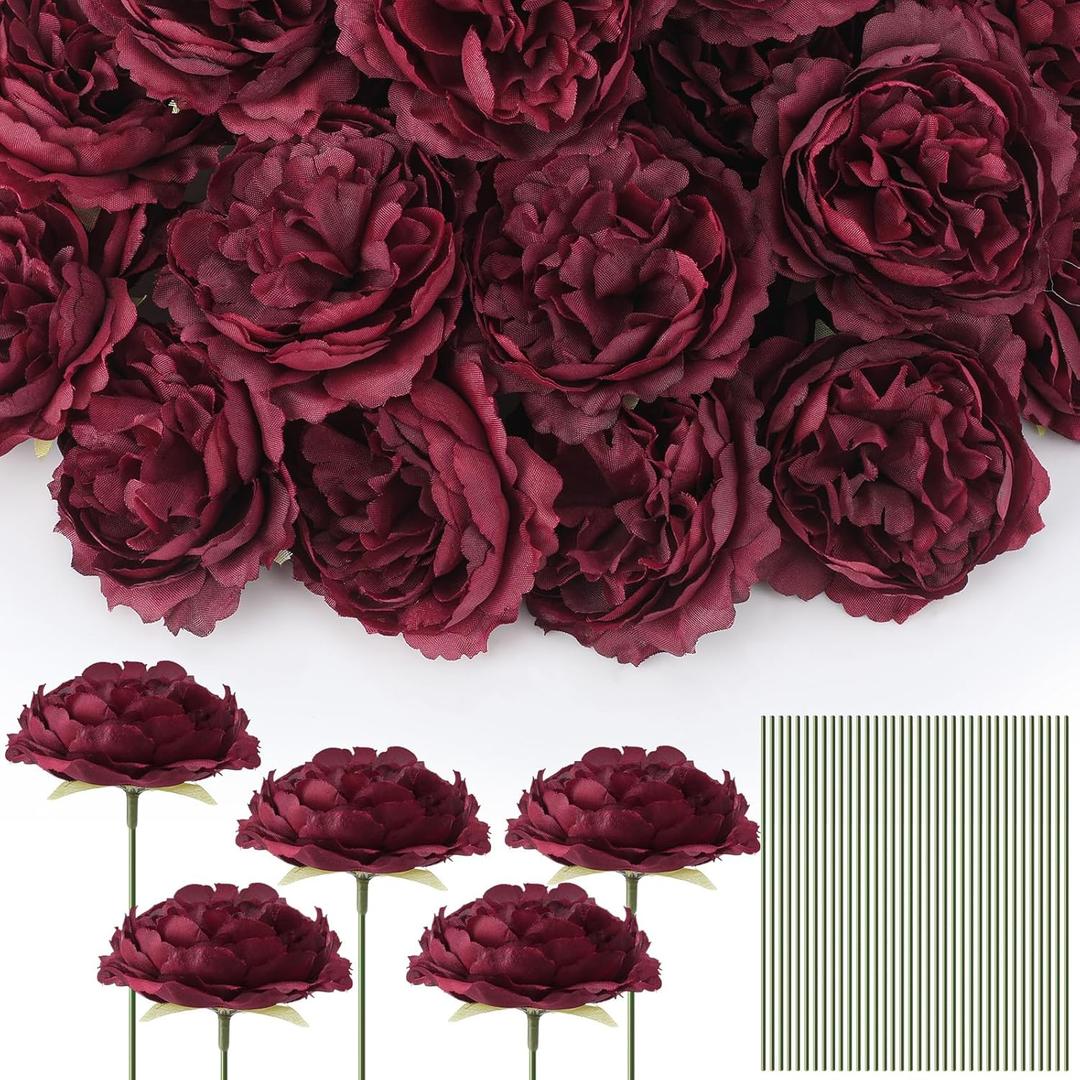 100 Pcs Flowers Long Stem Artificial Rose, 3.2 Inches Silk Rose Head Flowers Fake for Wedding Bridal Bouquet Independence Day Home Floral DIY Centerpieces Party Decoration (Burgundy)