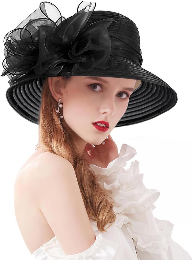Z&X Organza Church Fascinator Wedding Tea Party Derby Hats for Women Flower Wide Brim Sun Hat (06c Black)