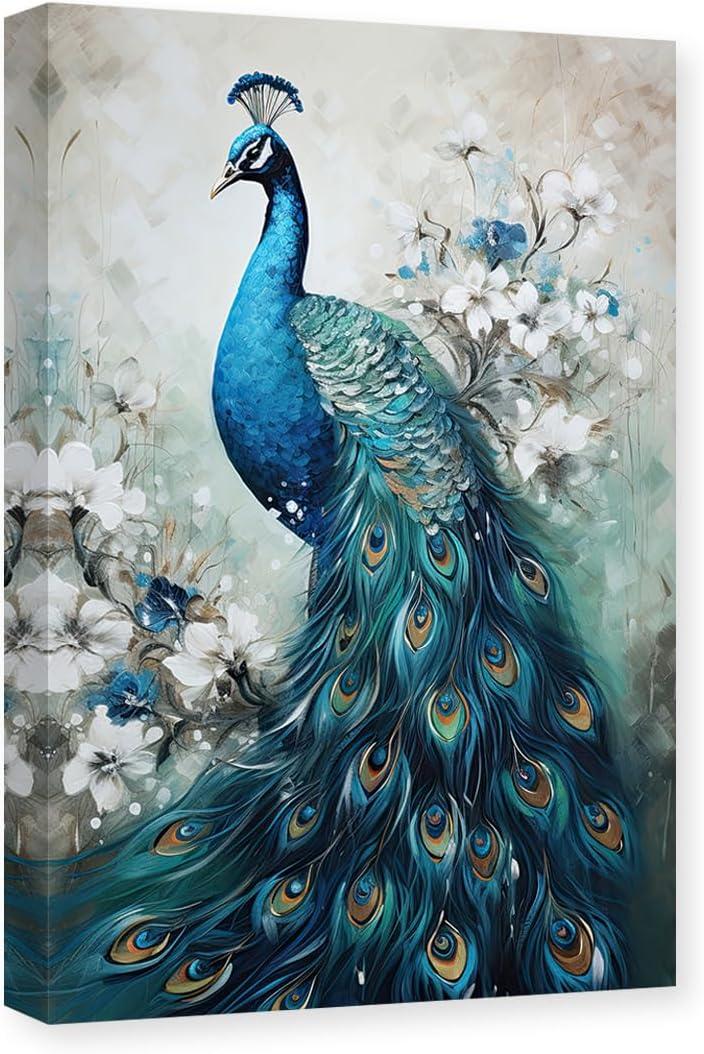 CXHOSTENT Elegance Peacock Canvas Wall Art Animal Painting Print Vintage Blue Peacock and White Floral Picture Artwork Decor Frame (Peacock - 1, 24L x 36W)