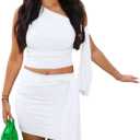 Women Two Piece Skirt Set Sexy Tie Crop Top & Mini Skirts Outifts White S (White, S)