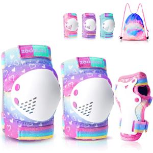 Knee Pads for Kids - ZOOBLISS Toddler Knee and Elbow Pads Set Wrist Guards for Skating Girls Aged 3-12, Kids Protective Gear for Roller Skates Skateboard Bike Scooter, Included Drawstring Bag(Rainbow) Medium