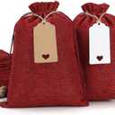 Tapleap Burlap Bags with Drawstring - 30Pcs 7x10 Red Gift Sacks with Tags&String for Wrapping Valentine's Day Favors, Wooden Cross, For Birthday, Wedding, Party, Church