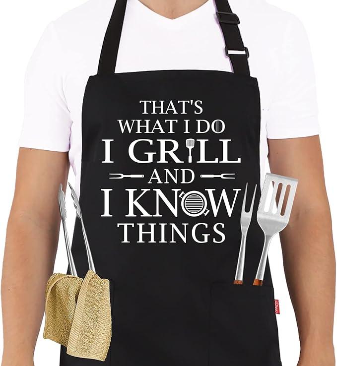 ALIPOBO BBQ Funny Apron for Men  - Chef Bib Apron with 2 Pockets, Adjustable Neck Strap and 40" Long Ties - Best for Kitchen Cooking, Grilling, Baking, Gardening - Black